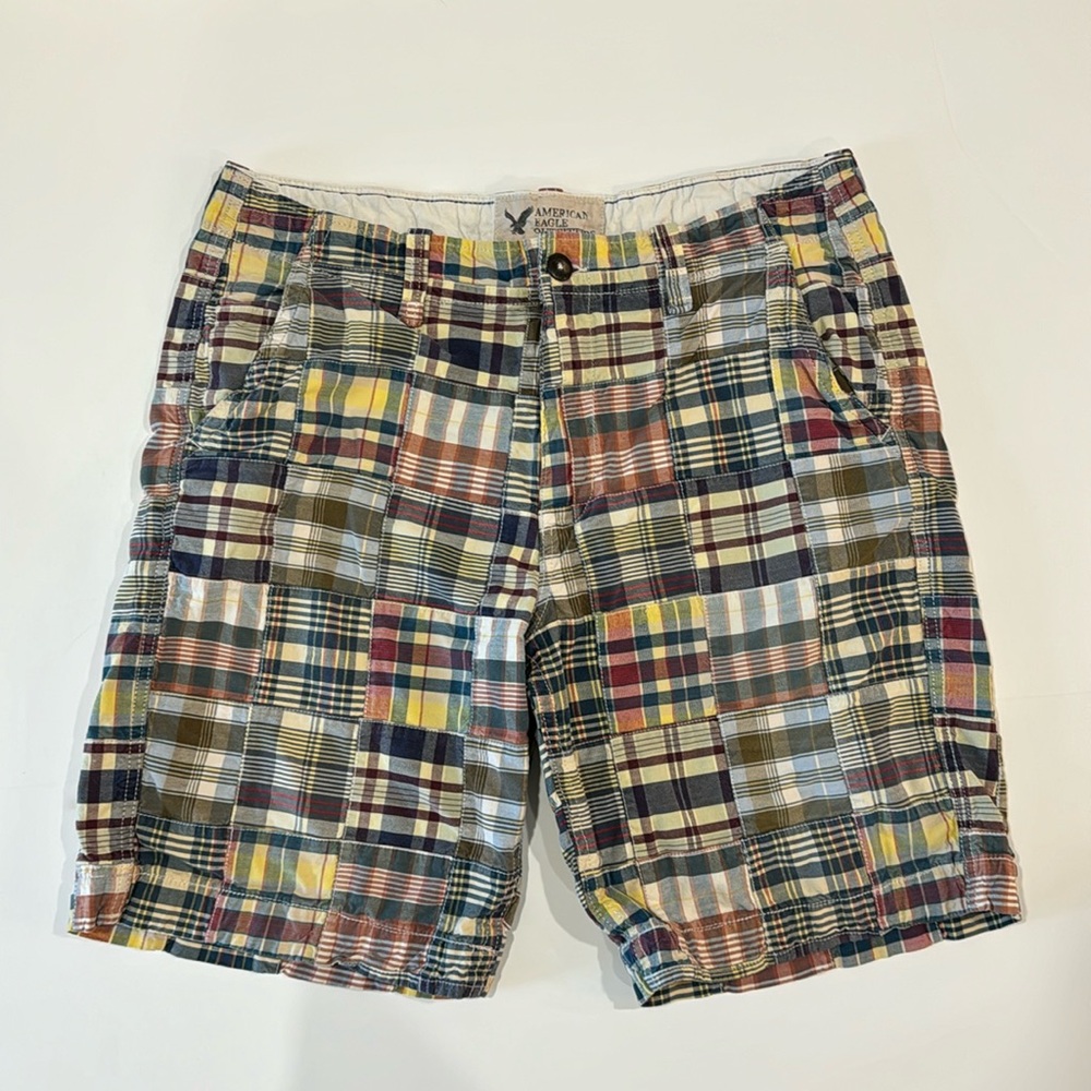 Vintage American Eagle Shorts Mens 36 Multicolor Patchwork Plaid Classic Length